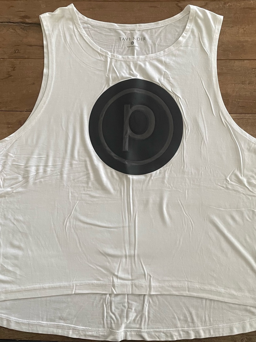 Women’s Pure Barre White Tank with Black Mesh Circle P Logo by TAVI NOIR  - NWOT